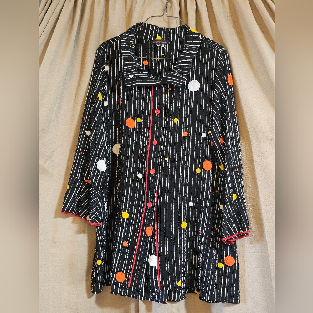 Black Striped Button-Front Coat with Colorful Dot Accents